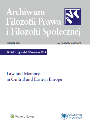 Okładka numeru 13(21) z grudnia 2019 "Archiwum Filozofii Prawa i Filozofii Społecznej" pod tytułem "Law and Memory in Central and Eastern Europe".