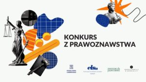 Plakat wydarzenia "Konkurs z prawoznawstwa", zawierający nazwę wydarzenia i głównych partnerów, a także grafikę przedstawiającą m.in. Temidę
