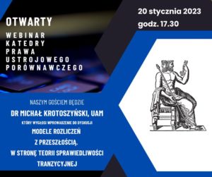 Grafika otwartego webinaru: zawiera podstawowe informację o wydarzeniu, w szczególności informację o prelegencie i tytule wystąpienia. Zawiera też czarno-białą rycinę przedstawiającą Janusa 